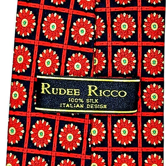 Rudee Ricco Silk Geometric Necktie Red and Black Italian Design 60 Inches Long - Picture 2 of 4